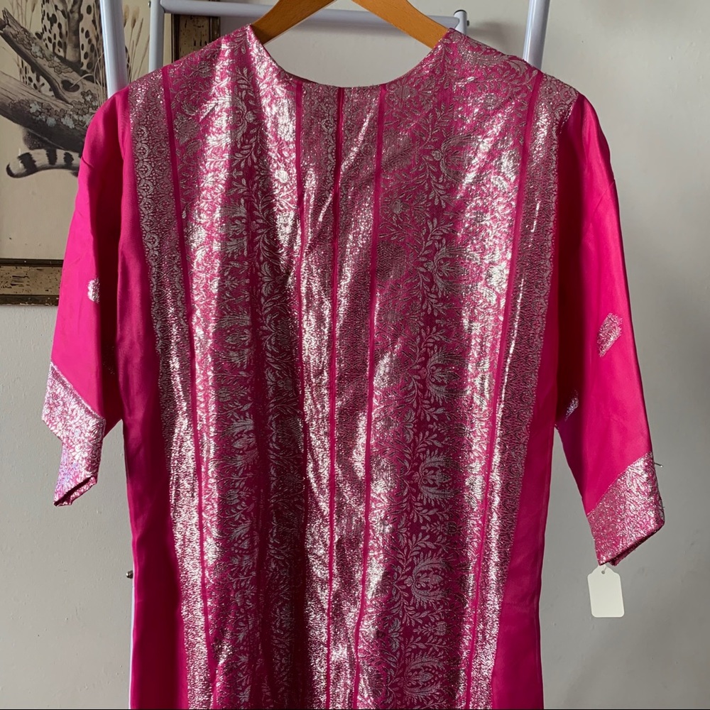 Bright Pink Long Dress with Metallic Embroidery